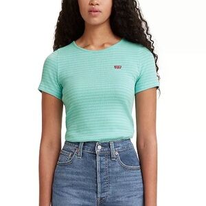 Levi’s Women's Striped Short Sleeve Logo Honey Tee Size XXL Turquoise Light Blue